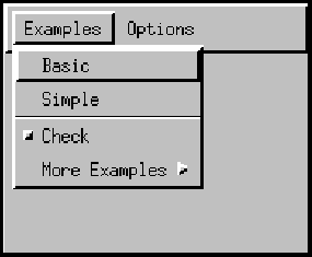 Menu labeled Examples, containing items Basic, Simple, Check, and More
 Examples. The Check item is a CheckBoxMenuItem instance, in the off state.